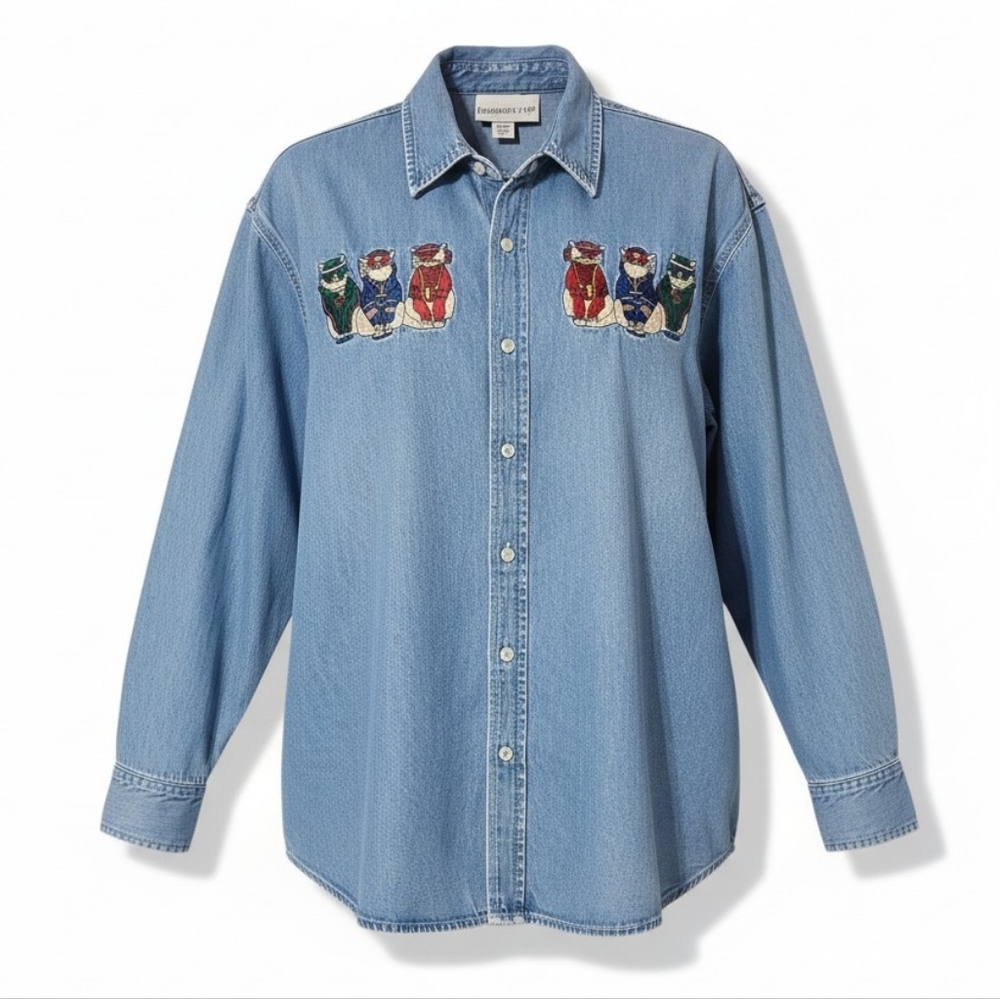 Fashion Bugg Vintage Cats Denim Blouse. Size Large